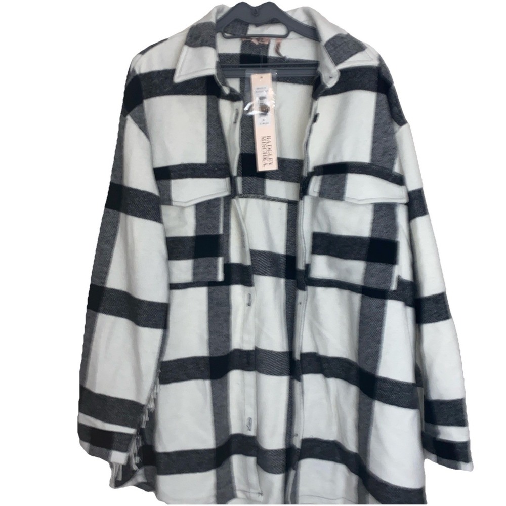 Badgley Mischka Women's Plaid Shacket Jacket Coat‎ Black Tan Longline Sz L
